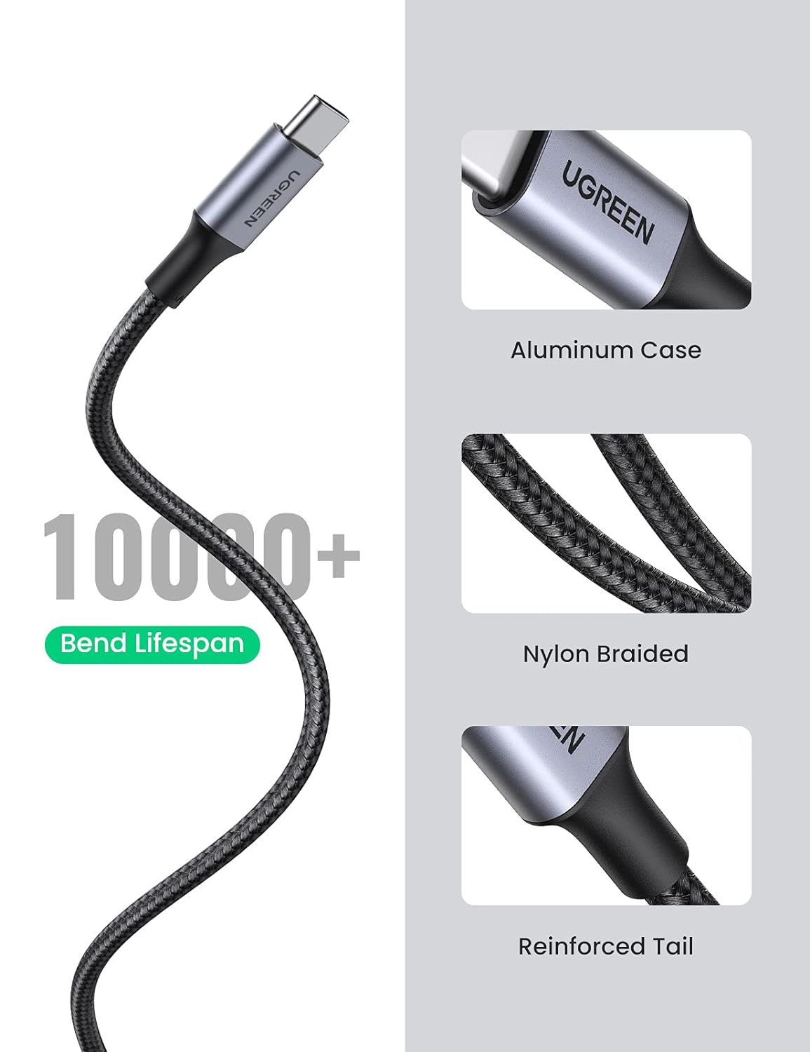  Ugreen Usb-A 2.0 To Usb-C Cable Nickel Plating Aluminum Braid For Charging Adapter Black 1mm